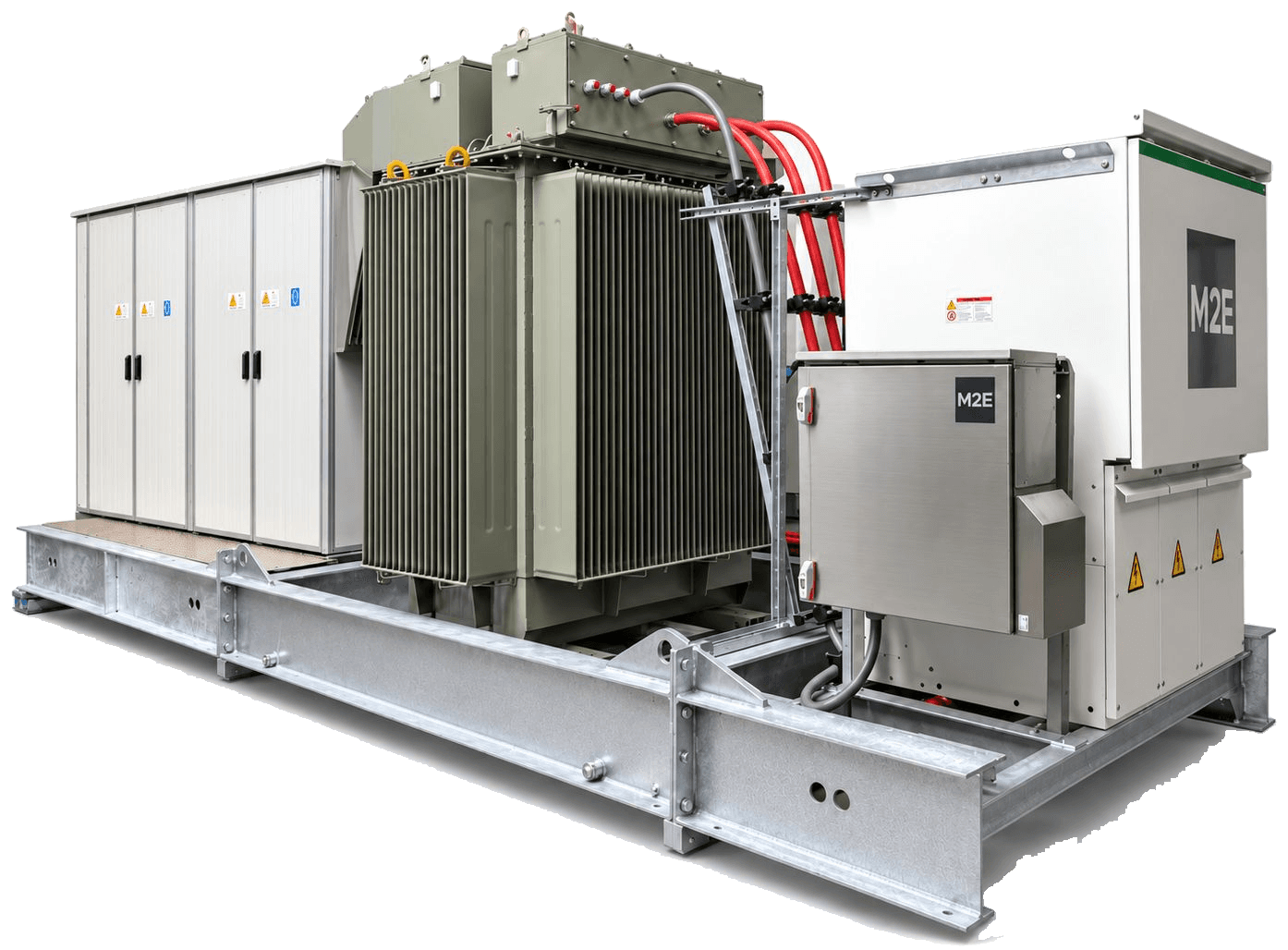 M2E-5X skid met transformator, schakelinstallatie in buitenomkasting, hulpvoedingskast en omvormerframe op een verzinkt stalen frame