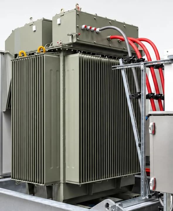 Oliegevulde transformator met radiatoren op het frame van de M2E-5X skid